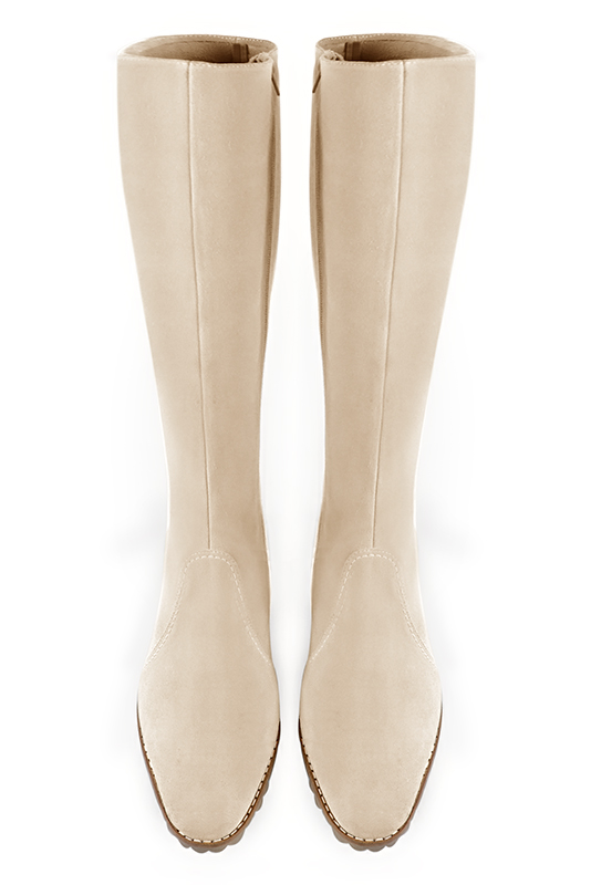 Champagne white women's riding knee-high boots. Round toe. Medium block heels. Made to measure. Top view - Florence KOOIJMAN